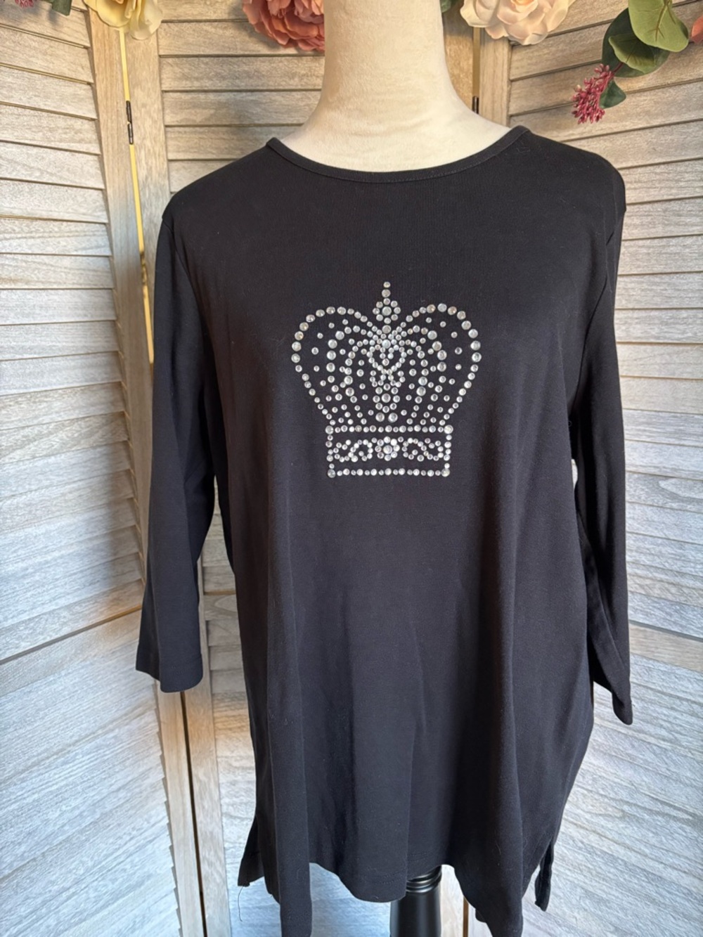 Vintage Quacker Factory Women’s SZ 2X Black 3/4 Sleeve Shirt w/Rhinestone Crown - Picture 7 of 9